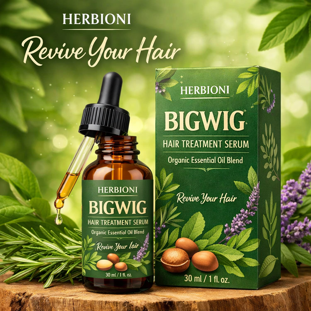 BIGWIG Hair Treatment Serum by HERBIONI is a premium blend of organic essential oils specially formulated to help revive, nourish, and strengthen your hair naturally. This lightweight yet powerful serum penetrates deeply into the scalp and hair strands to support healthier, smoother, and shinier hair.